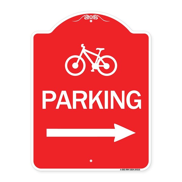 BicycleParking Right Arrow, Red & White Aluminum Architectural Sign, 18" x 24", RW-1824-24315